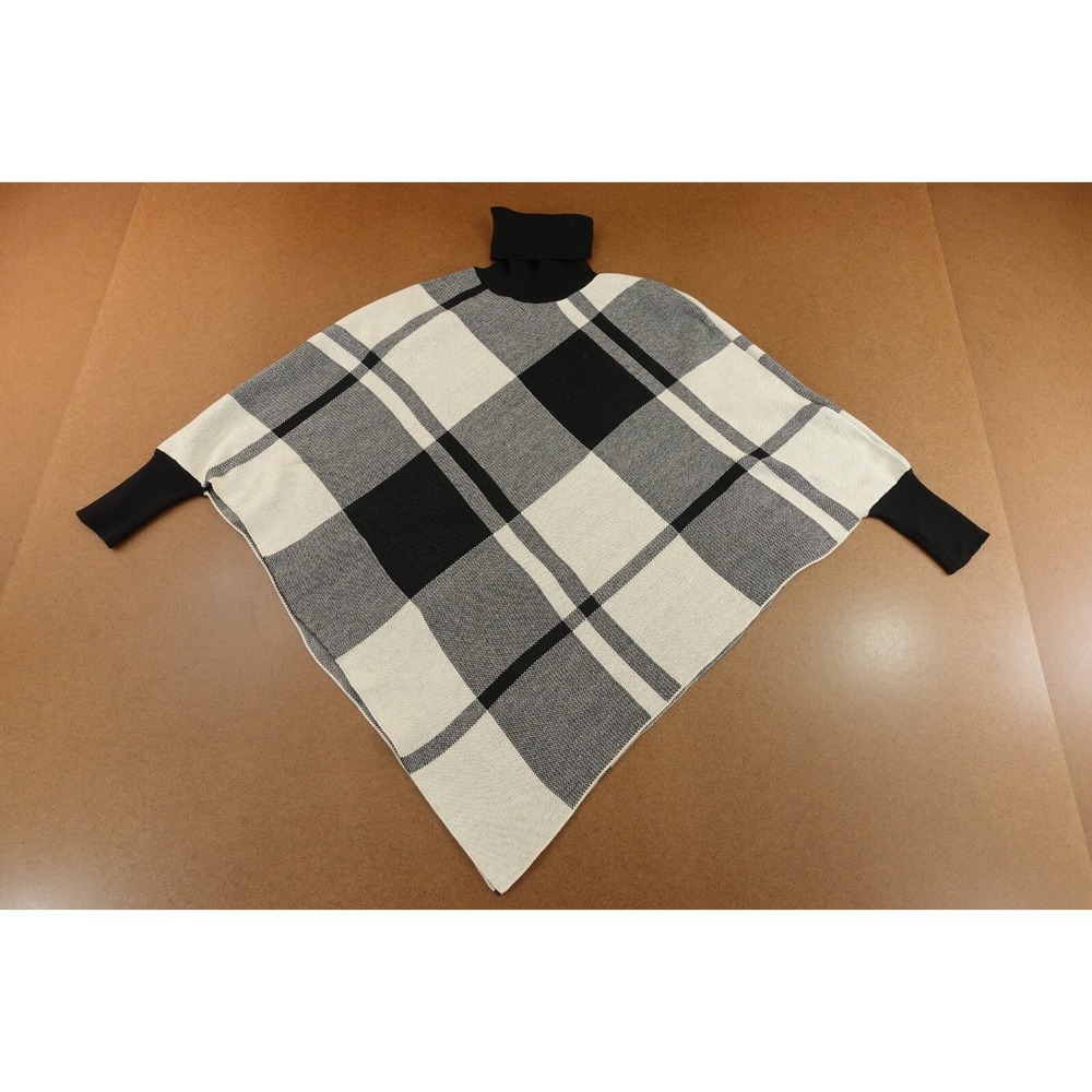 YOZY Womens US SIze 4 Black Cream Plaid Knit Turtleneck Poncho Sweater New